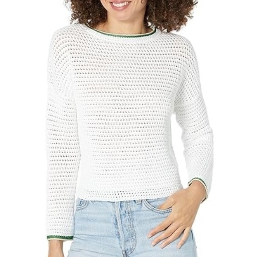 VINCE 100% Organic Cotton Crochet Crew Neck Sweater Optic White Women Size Small